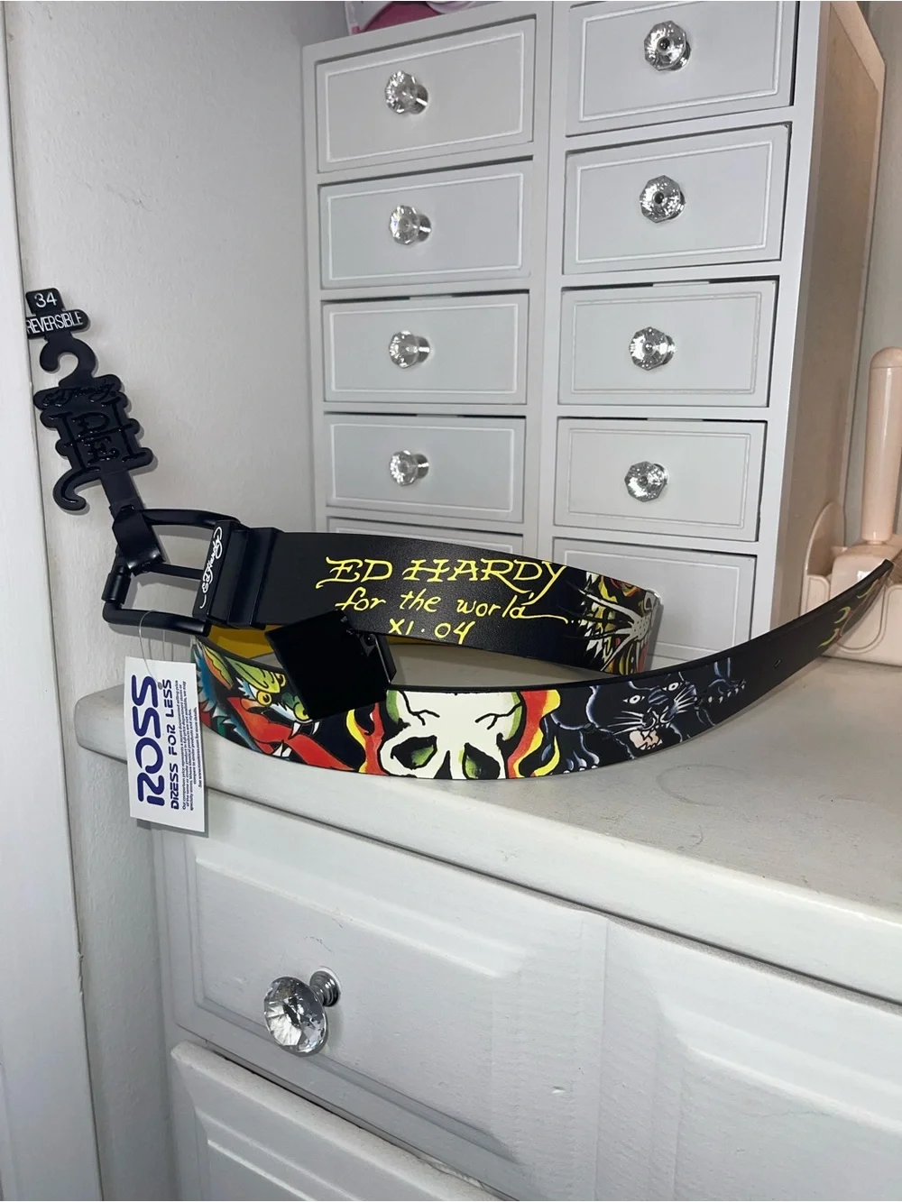 NWT Ed Hardy Black Leather Belt with Multicolor Skull, Tiger & Flame Art